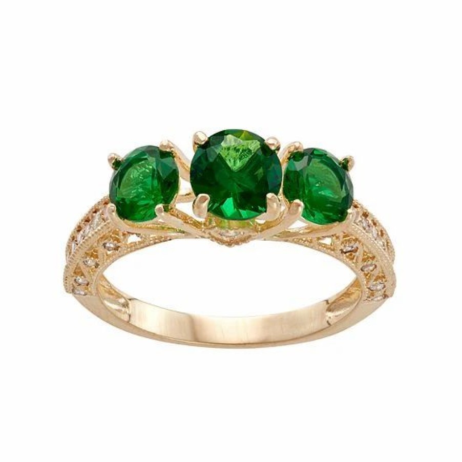 * Designs By Gioelli 10K Gold Simulated Emerald & Lab-Created White Sapphire 3-Stone Ring | Jewelry