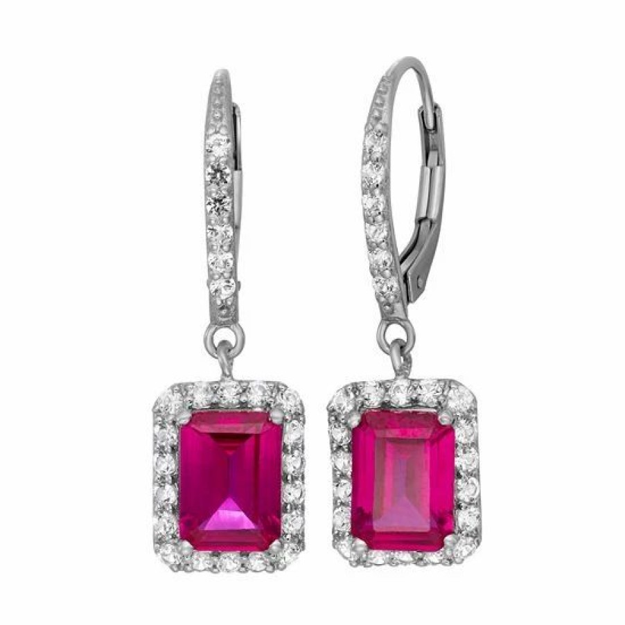 * Designs By Gioelli Sterling Silver Lab-Created Ruby And Lab-Created White Sapphire Rectangular Halo Drop Earrings | Jewelry