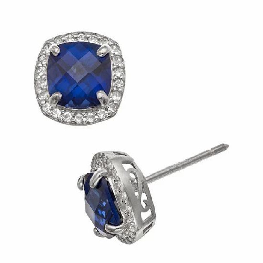 * Designs By Gioelli Sterling Silver Lab-Created Blue And White Sapphire Halo Stud Earrings | Jewelry