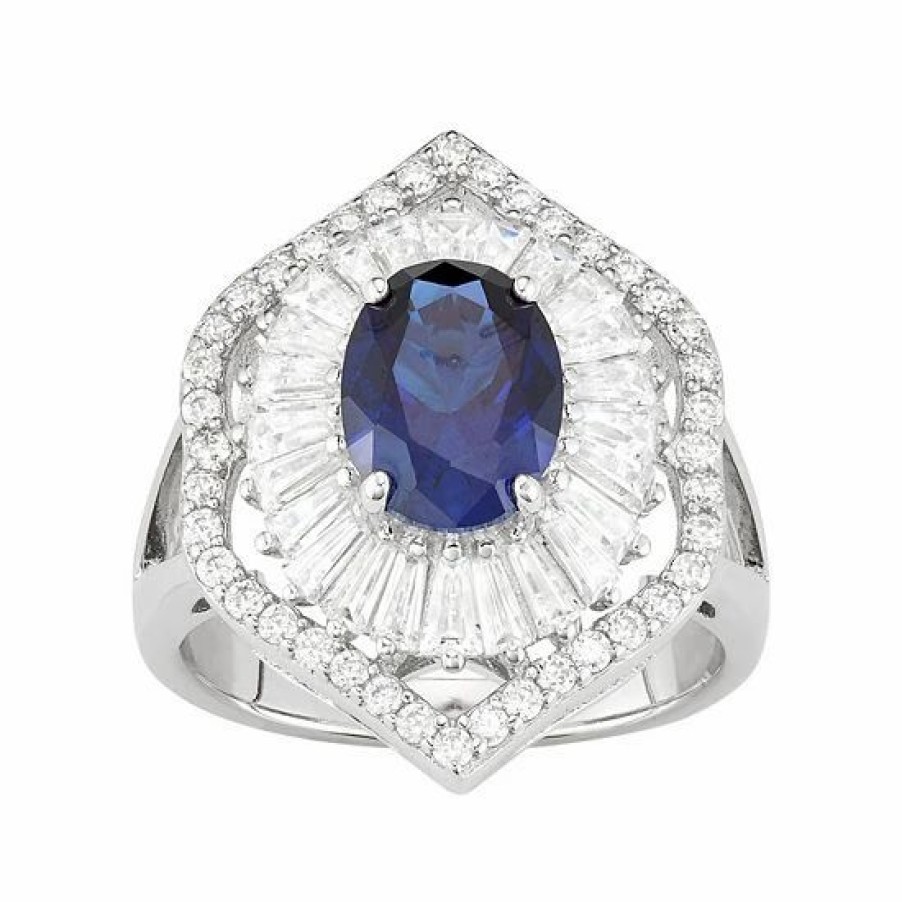 * Designs By Gioelli Sterling Silver Lab-Created Blue & White Sapphire Baguette Halo Ring | Jewelry