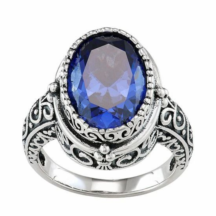 * Designs By Gioelli Sterling Silver Simulated Sapphire Oval & Filigree Ring | Jewelry