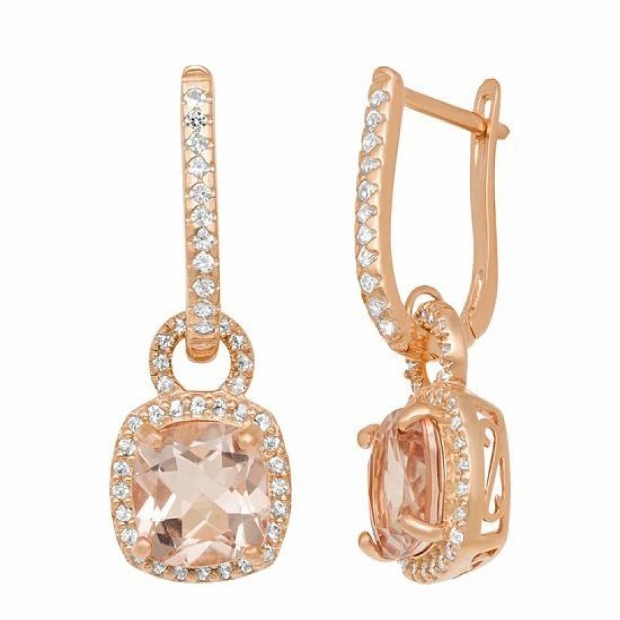 * Designs By Gioelli 14K Rose Gold Over Silver Simulated Morganite And Lab-Created White Sapphire Square Halo Drop Earrings | Jewelry