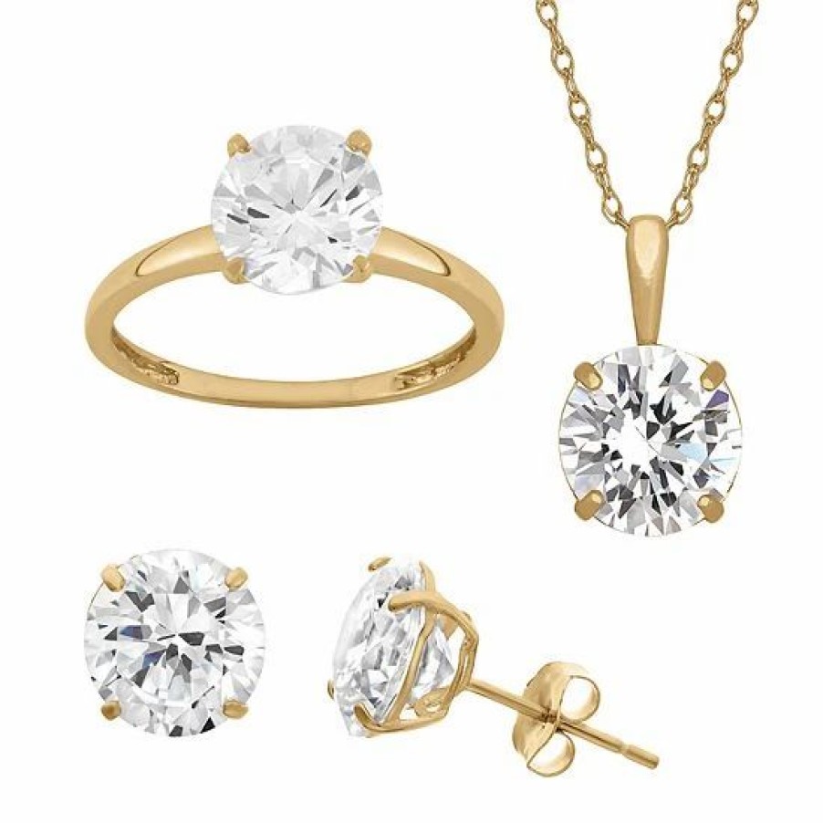 * Designs By Gioelli 14K Gold Over Round Solitaire Ring, Necklace And Stud Earring Set | Jewelry