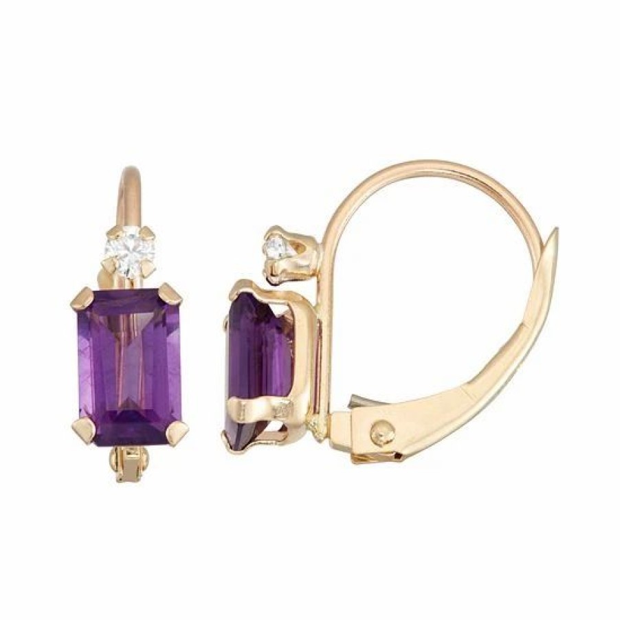 * Designs By Gioelli 10K Gold Emerald-Cut Amethyst & White Zircon Leverback Earrings | Jewelry