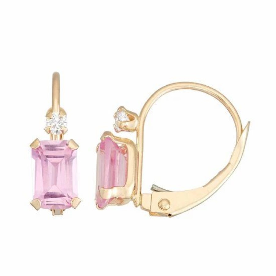 * Designs By Gioelli 10K Gold Emerald-Cut Lab-Created Pink Sapphire & White Zircon Leverback Earrings | Jewelry