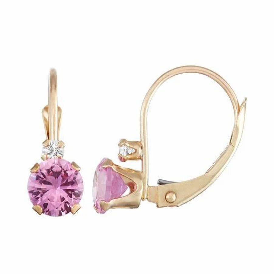 * Designs By Gioelli 10K Gold Round-Cut Lab-Created Pink Sapphire & White Zircon Leverback Earrings | Jewelry