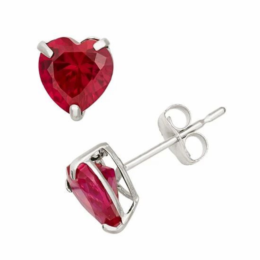 * Designs By Gioelli Lab-Created Ruby 10K White Gold Heart Stud Earrings | Jewelry