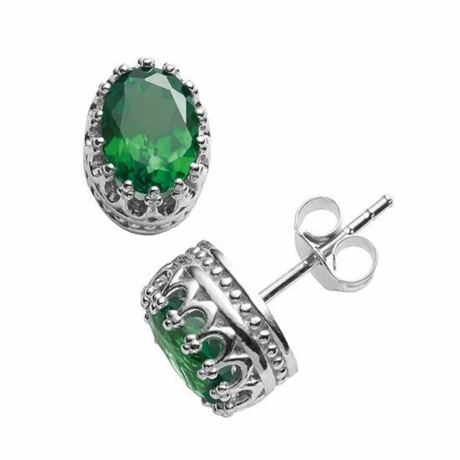 * Designs By Gioelli Sterling Silver Lab-Created Emerald Oval Crown Stud Earrings | Jewelry