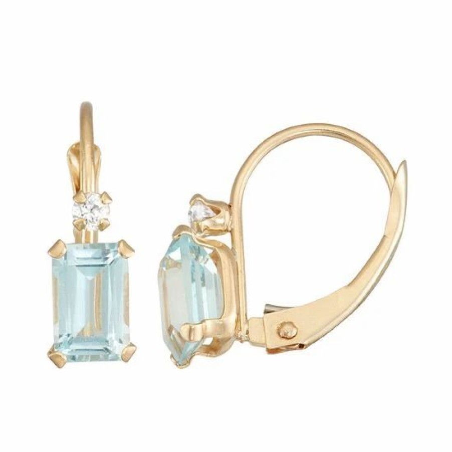 * Designs By Gioelli 10K Gold Emerald-Cut Lab-Created Aquamarine & White Zircon Leverback Earrings | Jewelry