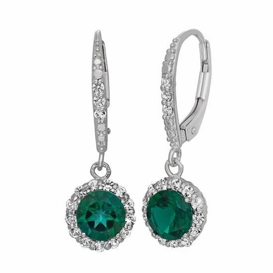 * Designs By Gioelli Lab-Created Emerald And Lab-Created White Sapphire Sterling Silver Halo Drop Earrings | Jewelry