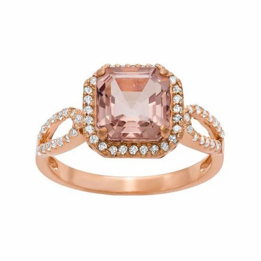 * Designs By Gioelli 14K Rose Gold Over Silver Simulated Morganite And Lab-Created White Sapphire Halo Ring | Jewelry