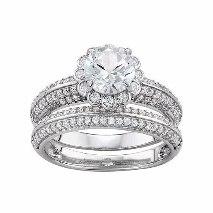 * Designs By Gioelli Sterling Silver Lab-Created White Sapphire Flower Engagement Ring Set | Jewelry