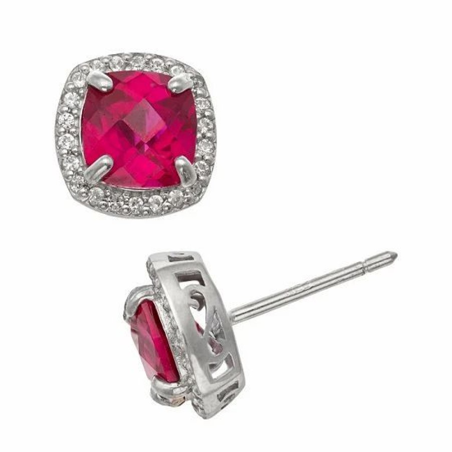 * Designs By Gioelli Sterling Silver Lab-Created Ruby And Lab-Created White Sapphire Halo Stud Earrings | Jewelry