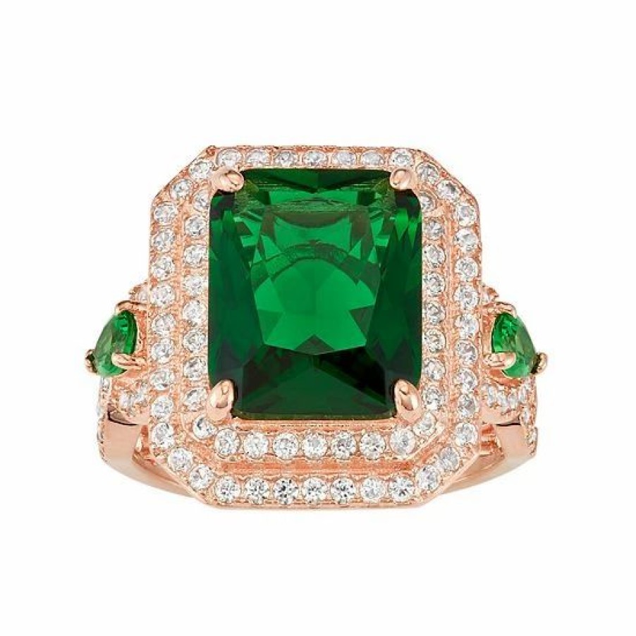 * Designs By Gioelli 14K Rose Gold Over Silver Simulated Emerald & Lab-Created White Sapphire Halo Ring | Jewelry