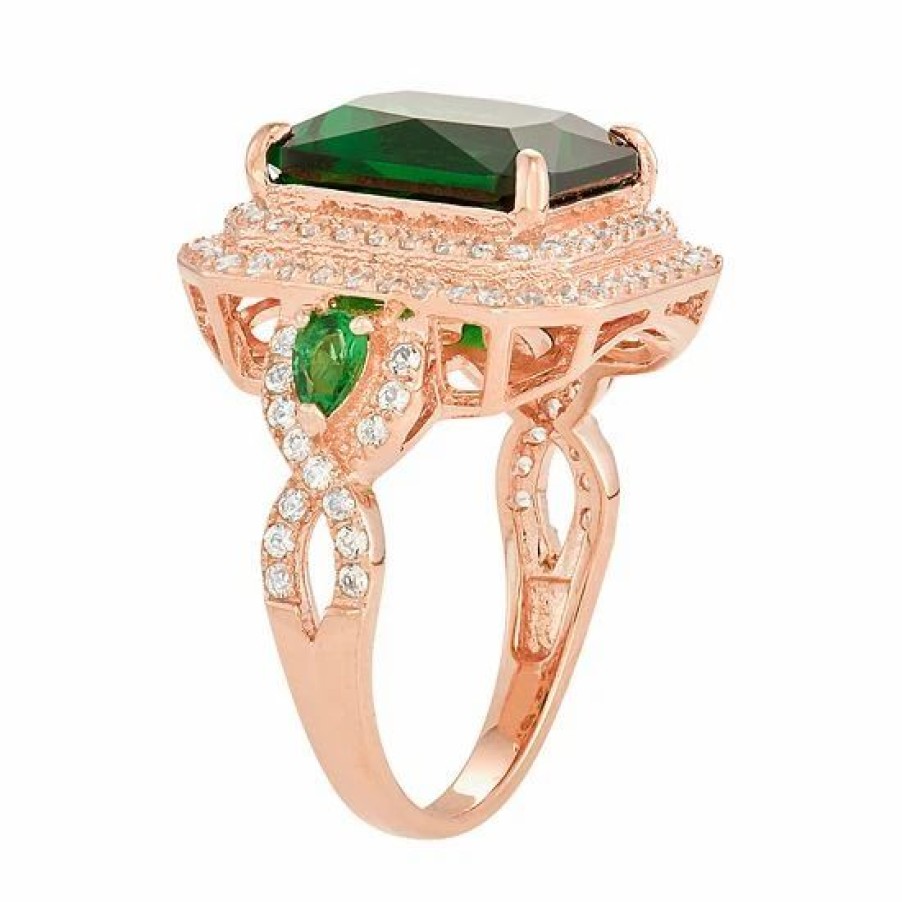 * Designs By Gioelli 14K Rose Gold Over Silver Simulated Emerald & Lab-Created White Sapphire Halo Ring | Jewelry