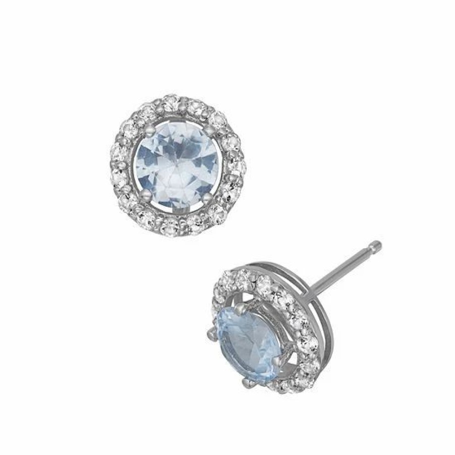 * Designs By Gioelli Lab-Created Aquamarine And Lab-Created White Sapphire Sterling Silver Halo Stud Earrings | Jewelry