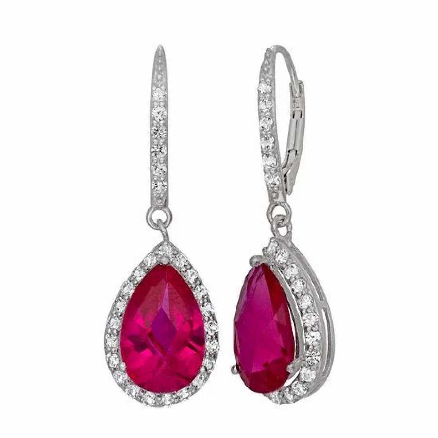 * Designs By Gioelli Lab-Created Ruby And Lab-Created White Sapphire Sterling Silver Halo Teardrop Earrings | Jewelry