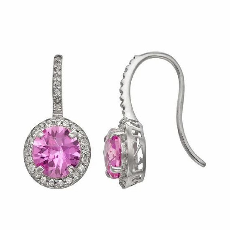 * Designs By Gioelli Sterling Silver Lab-Created Pink Sapphire And Lab-Created White Sapphire Halo Drop Earrings | Jewelry