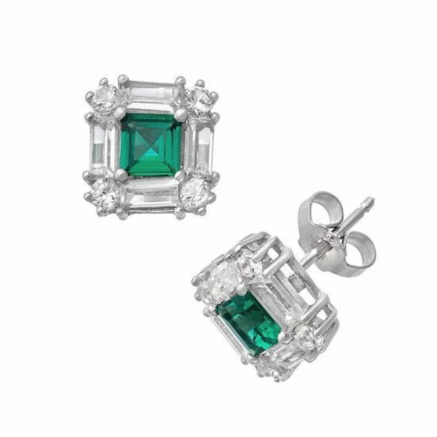 * Designs By Gioelli Sterling Silver Lab-Created Emerald And Lab-Created White Sapphire Square Halo Stud Earrings | Jewelry