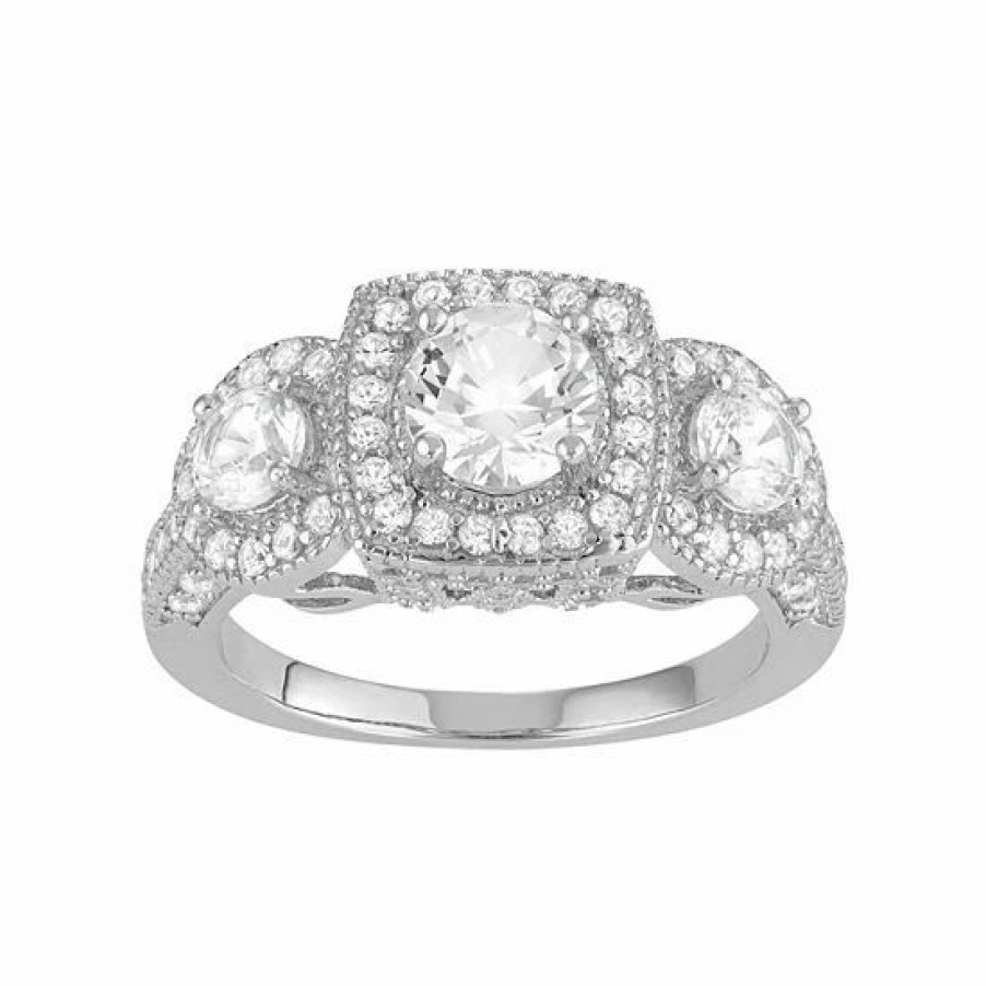 * Designs By Gioelli Sterling Silver Lab-Created White Sapphire 3-Stone Halo Engagement Ring | Jewelry