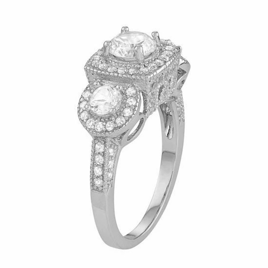 * Designs By Gioelli Sterling Silver Lab-Created White Sapphire 3-Stone Halo Engagement Ring | Jewelry