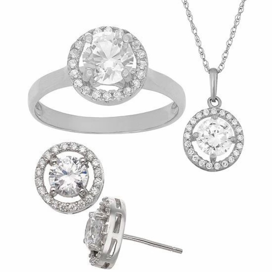 * Designs By Gioelli 14K Gold Over Cubic Zirconia Halo Pendant Necklace, Stud Earring & Ring Set | Jewelry