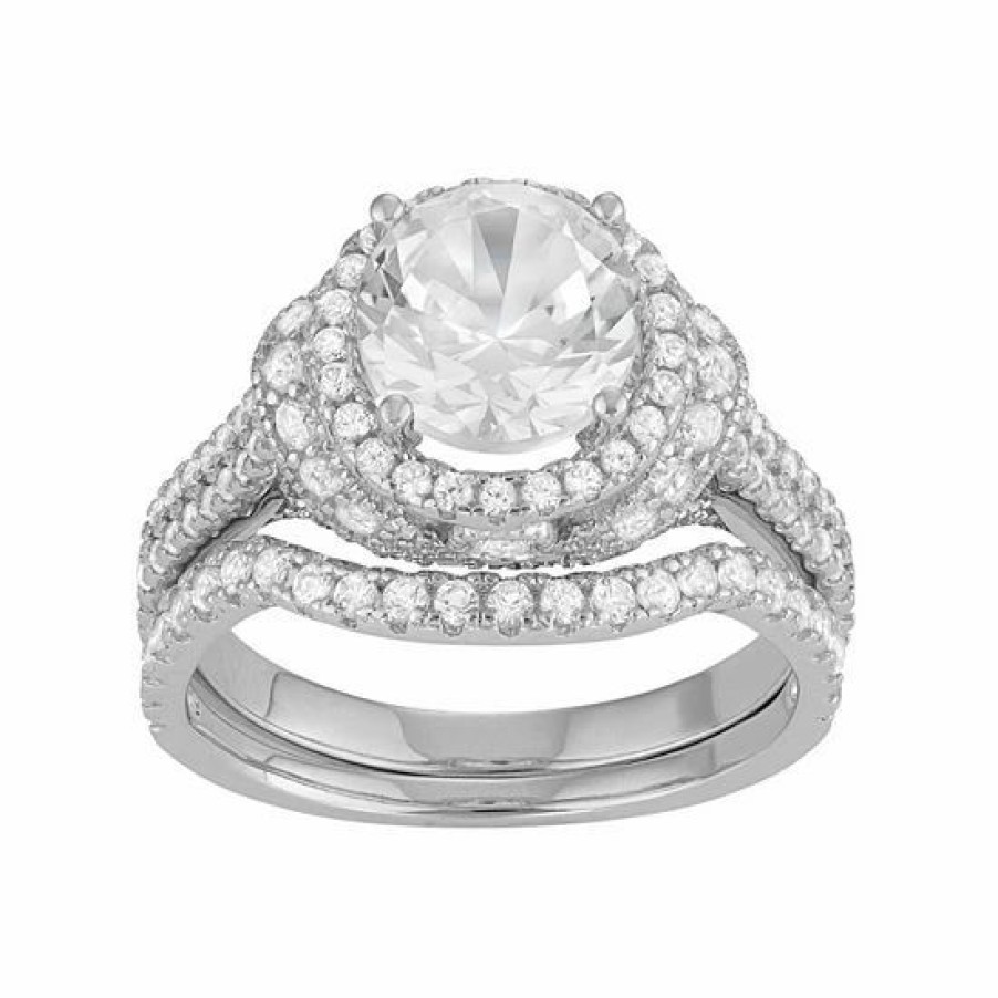 * Designs By Gioelli Sterling Silver Lab-Created White Sapphire Halo Engagement Ring Set | Jewelry