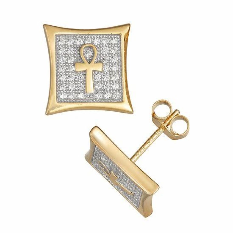 * Designs By Gioelli Men'S Gold Plated Sterling Silver Cubic Zirconia Ankh Stud Earrings | Jewelry