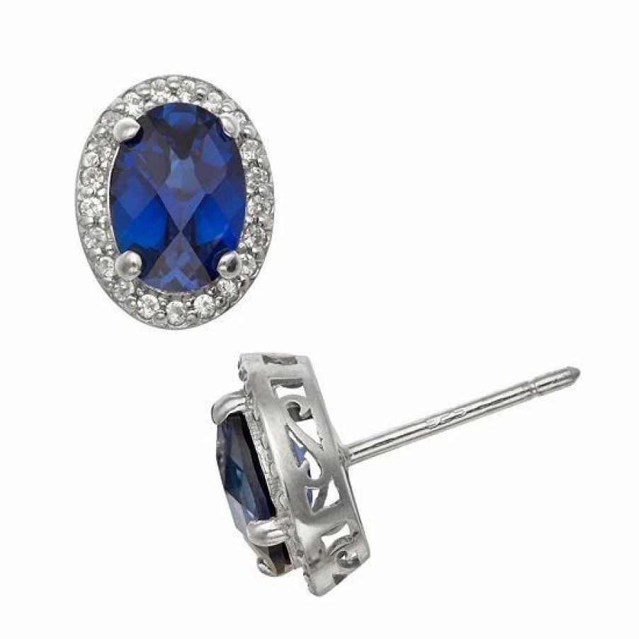 * Designs By Gioelli Sterling Silver Lab-Created Sapphire And Lab-Created White Sapphire Halo Stud Earrings | Jewelry