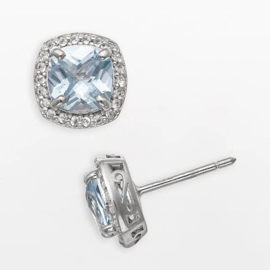 * Designs By Gioelli Sterling Silver Lab-Created Aquamarine And Lab-Created White Sapphire Halo Stud Earrings | Jewelry