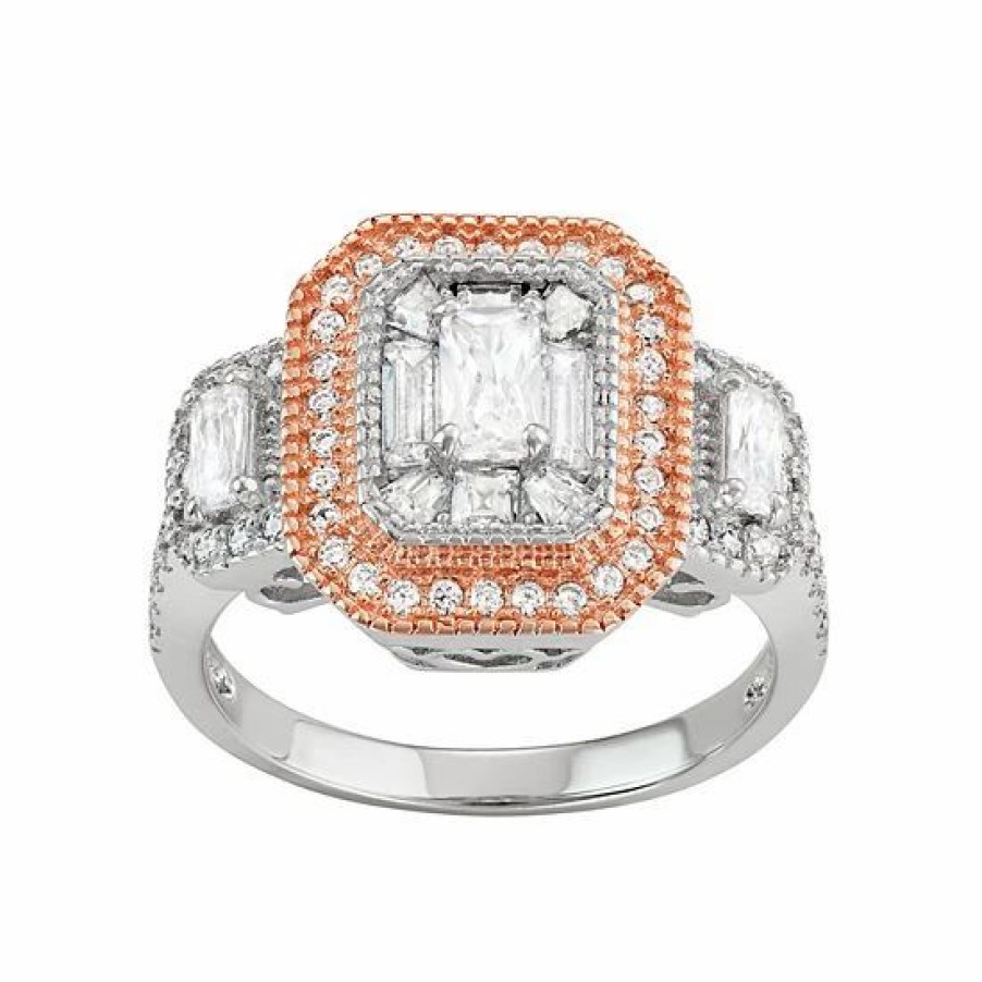 * Designs By Gioelli Two Tone Sterling Silver Cubic Zirconia Cluster Halo Ring | Jewelry