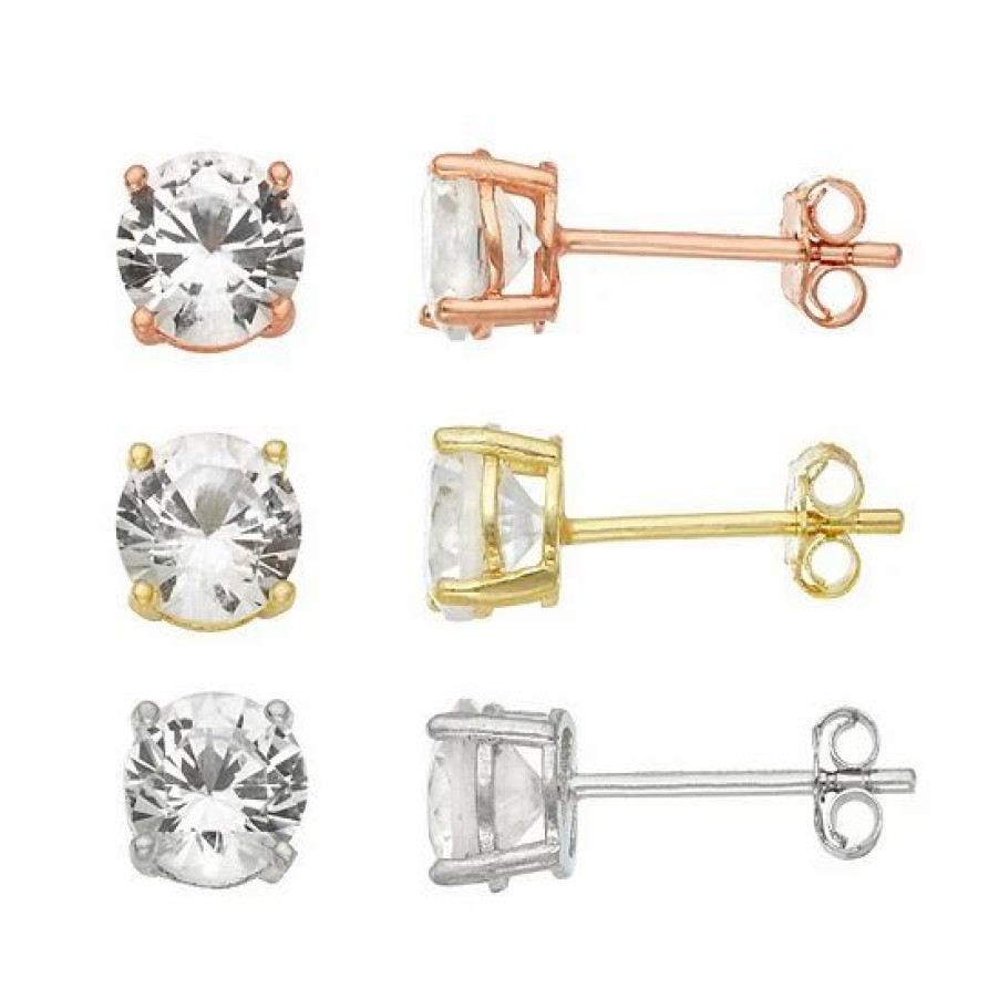 * Designs By Gioelli 14K Gold Over Sterling Silver White Sapphire Tri-Color Stud Earring Set | Jewelry