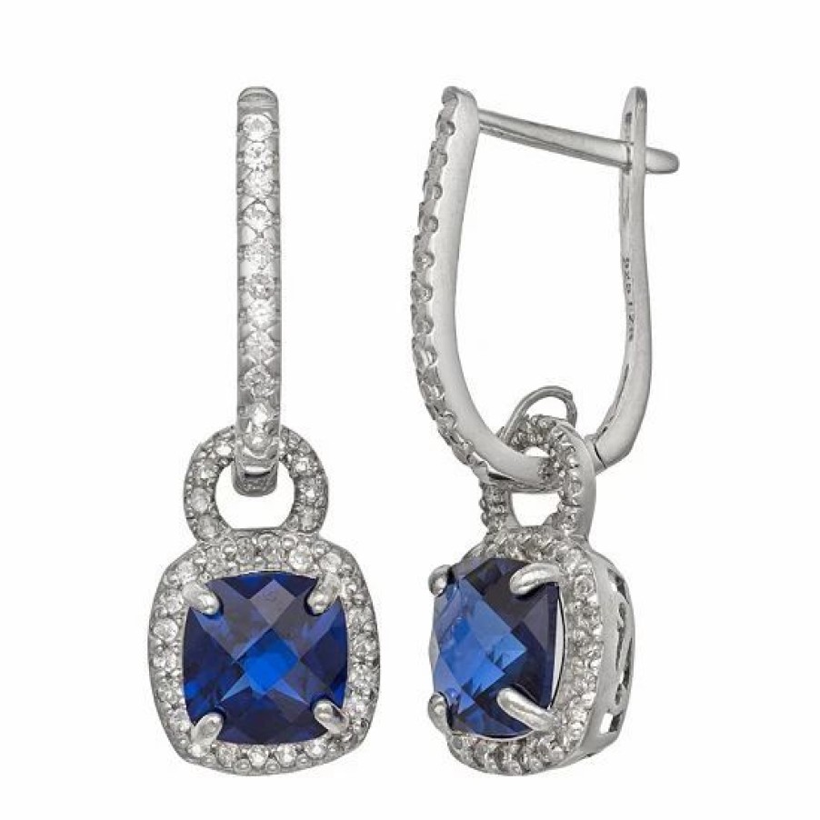 * Designs By Gioelli Sterling Silver Lab-Created Blue And White Sapphire Square Halo Drop Earrings | Jewelry