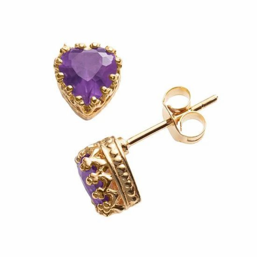 * Designs By Gioelli 14K Gold Over Silver Amethyst Heart Crown Stud Earrings | Jewelry