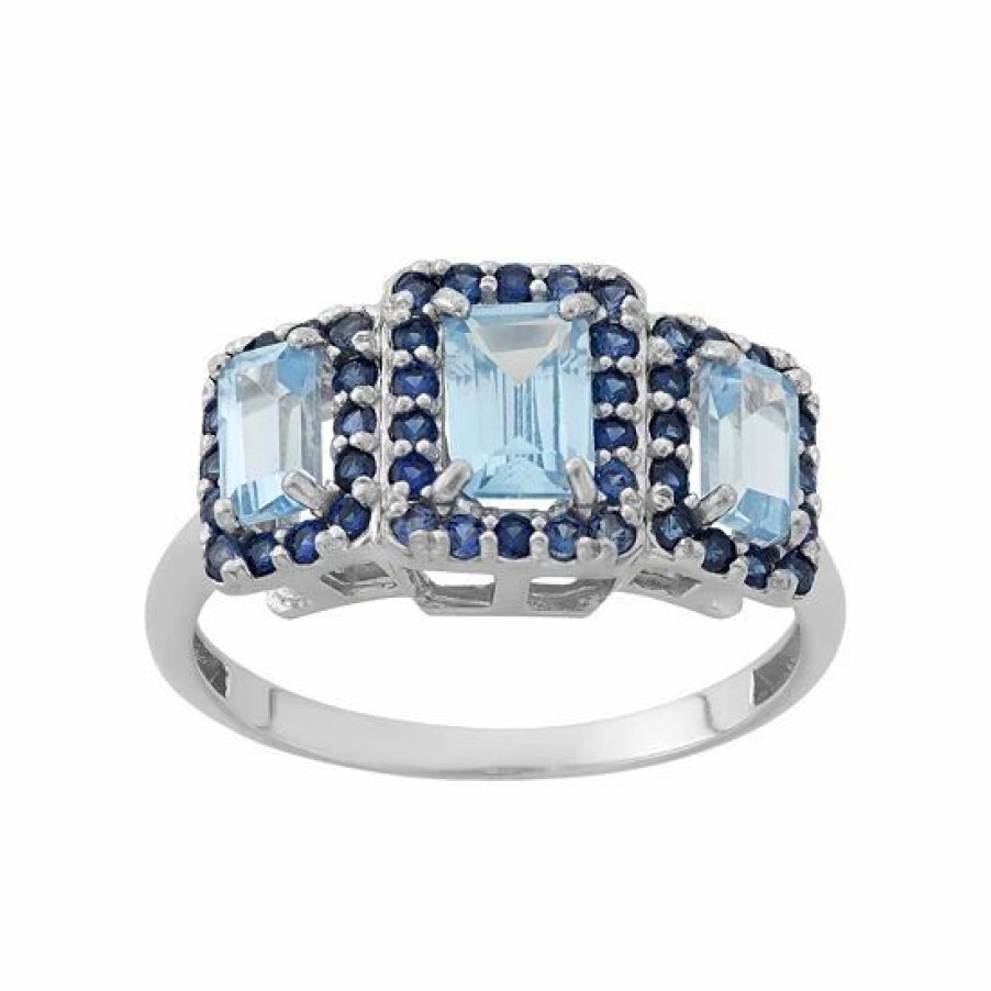 * Designs By Gioelli Aquamarine And Lab-Created Blue Sapphire Sterling Silver 3-Stone Halo Ring | Jewelry