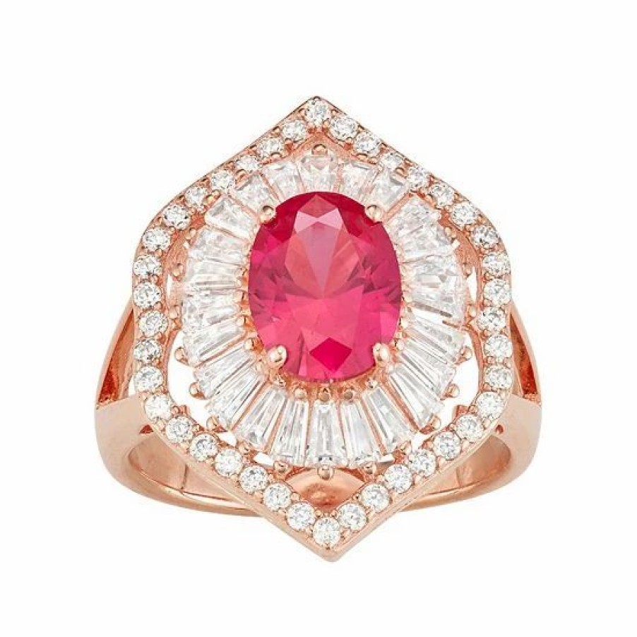 * Designs By Gioelli 14K Rose Gold Over Silver Lab-Created Ruby & White Sapphire Baguette Halo Ring | Jewelry