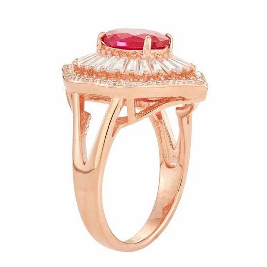 * Designs By Gioelli 14K Rose Gold Over Silver Lab-Created Ruby & White Sapphire Baguette Halo Ring | Jewelry