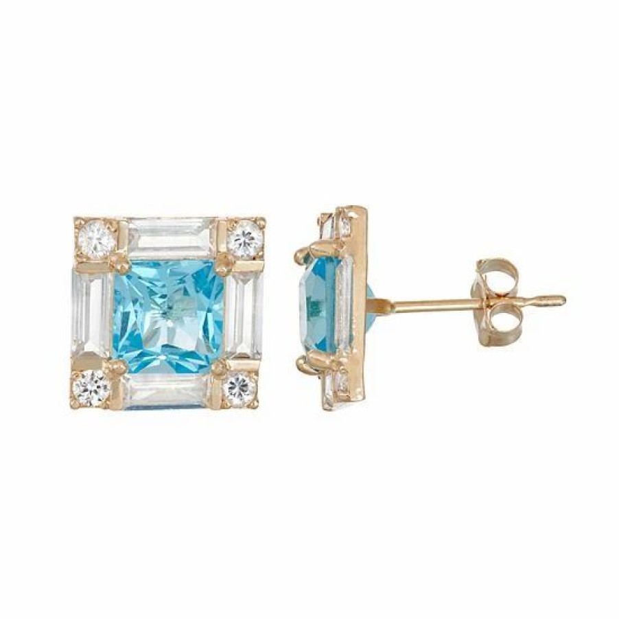 * Designs By Gioelli 10K Gold Swiss Blue Topaz & Lab-Created White Sapphire Square Stud Earrings | Jewelry