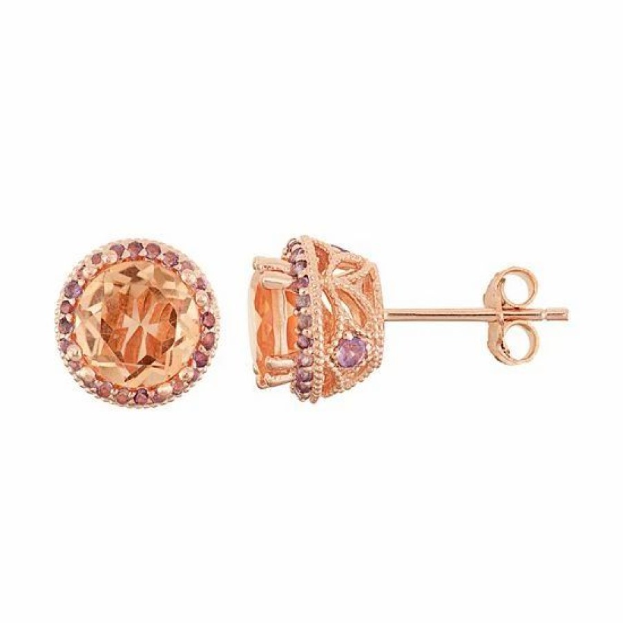 * Designs By Gioelli 14K Rose Gold Over Silver Peach Quartz & Amethyst Halo Stud Earrings | Jewelry