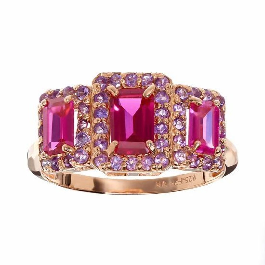 * Designs By Gioelli Lab-Created Ruby And Amethyst 14K Rose Gold Over Silver Rectangle Halo Ring | Jewelry