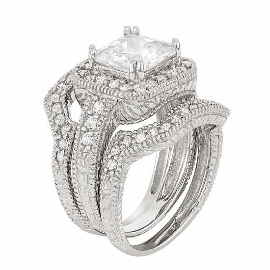 * Designs By Gioelli Cubic Zirconia Halo Engagement Ring Set In Sterling Silver | Jewelry