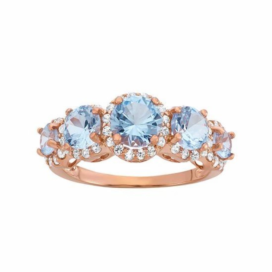 * Designs By Gioelli Lab-Created Aquamarine And Lab-Created White Sapphire 14K Rose Gold Over Silver 5-Stone Halo Ring | Jewelry