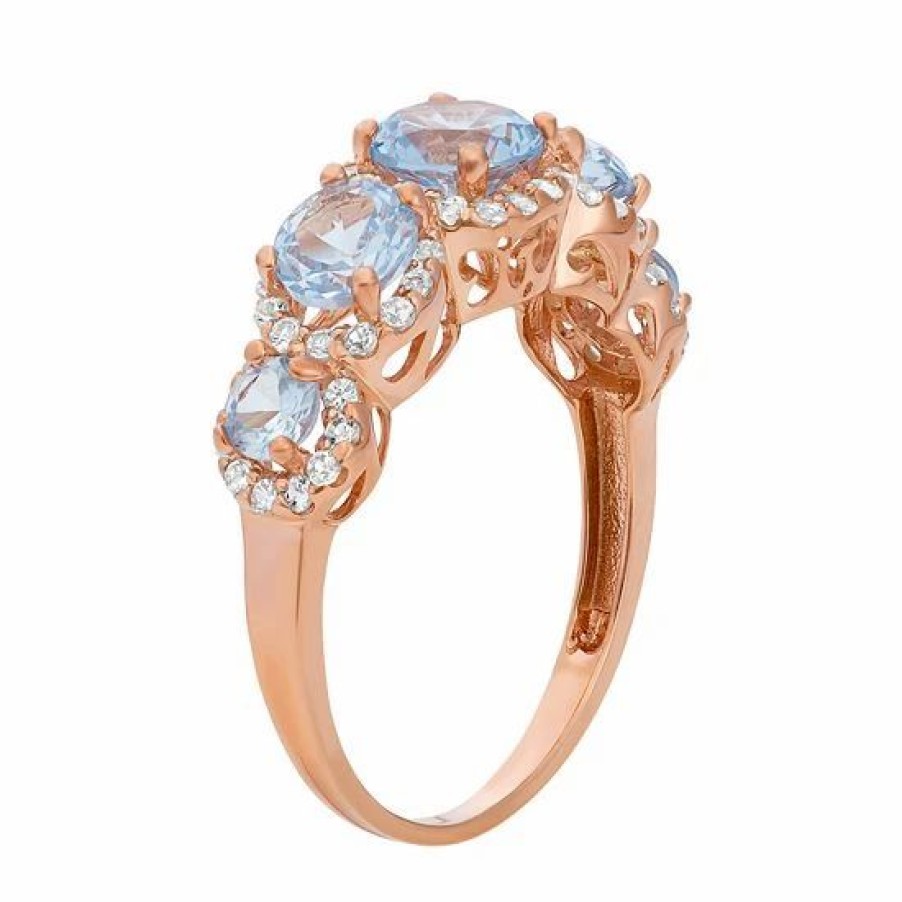 * Designs By Gioelli Lab-Created Aquamarine And Lab-Created White Sapphire 14K Rose Gold Over Silver 5-Stone Halo Ring | Jewelry