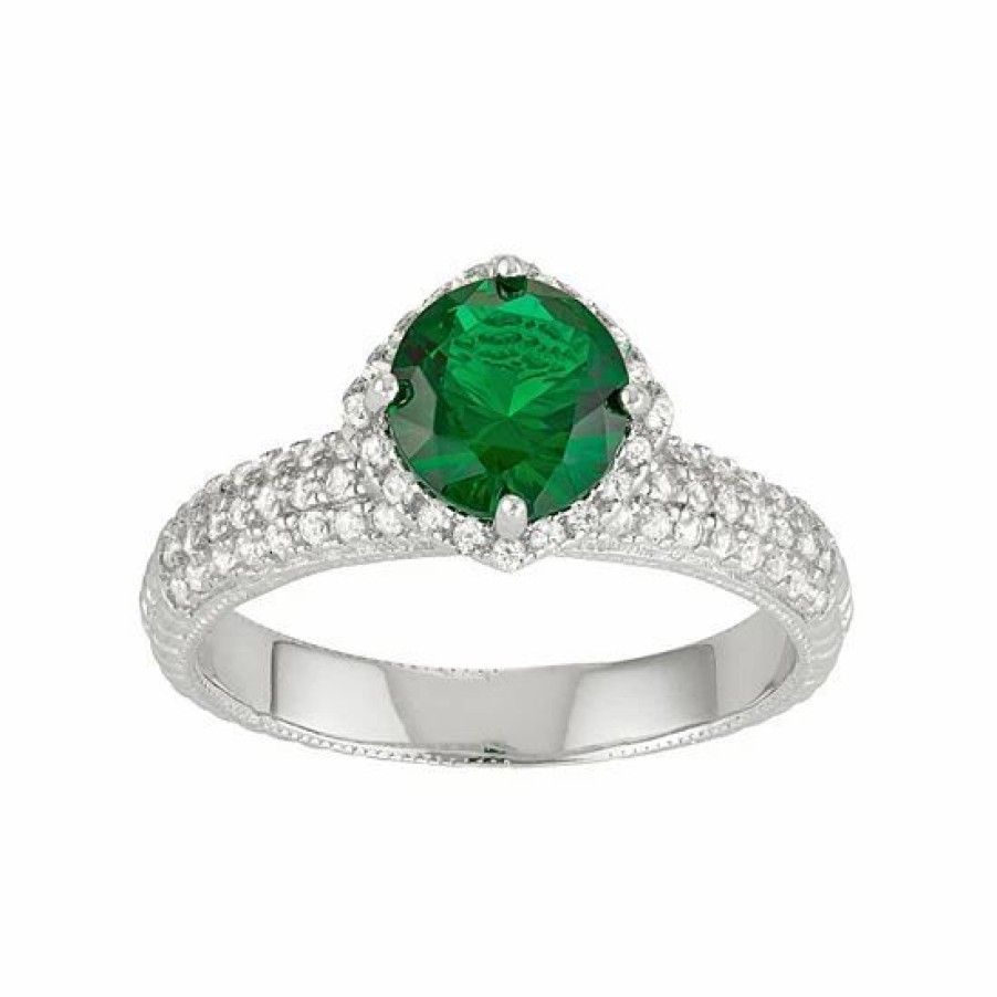 * Designs By Gioelli Sterling Silver Simulated Emerald & Lab-Created White Sapphire Halo Ring | Jewelry