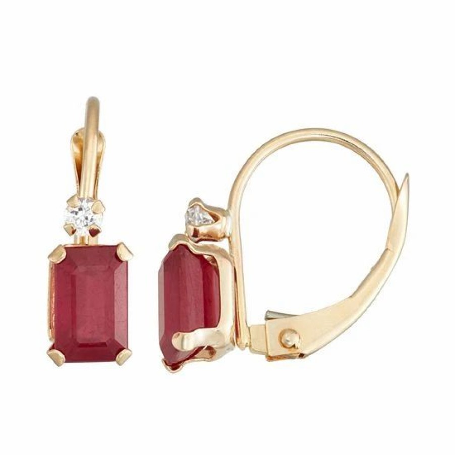 * Designs By Gioelli 10K Gold Emerald-Cut Lab-Created Ruby & White Zircon Leverback Earrings | Jewelry