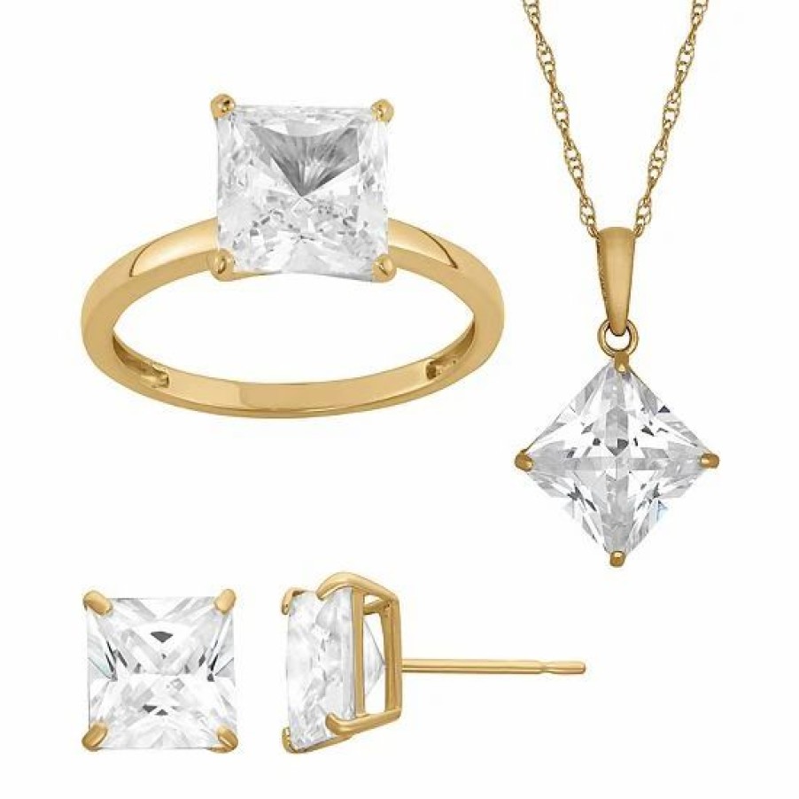 * Designs By Gioelli 14K Gold Over Princess Solitaire Pendant Necklace, Ring & Stud Earring Set | Jewelry