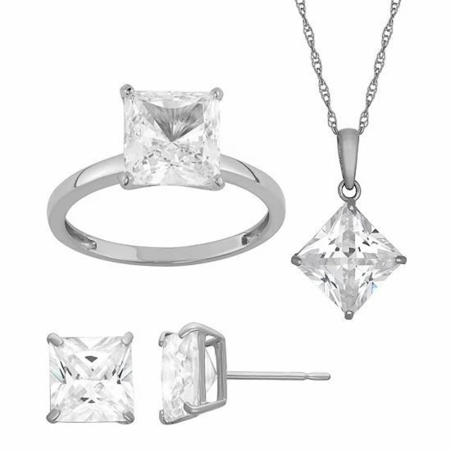 * Designs By Gioelli 14K Gold Over Princess Solitaire Pendant Necklace, Ring & Stud Earring Set | Jewelry